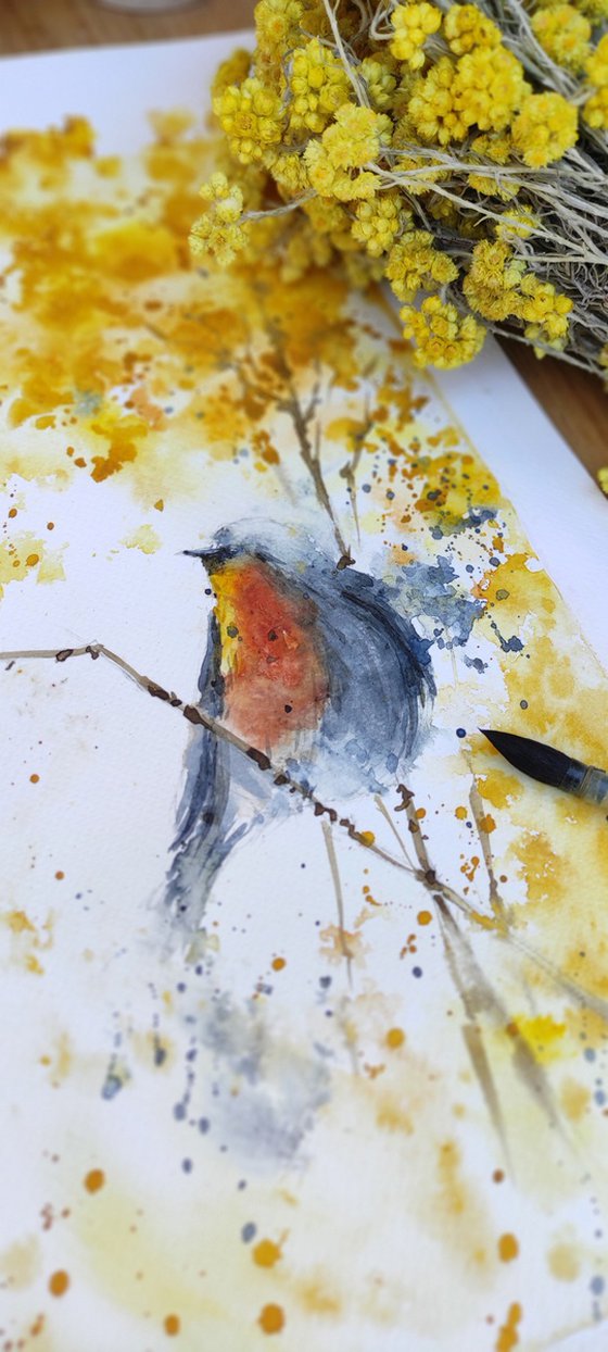 Robin bird original watercolour painting, wall art birds, spirited animal bird, nursery wall art, kitchen wall art, yellow flower with bird