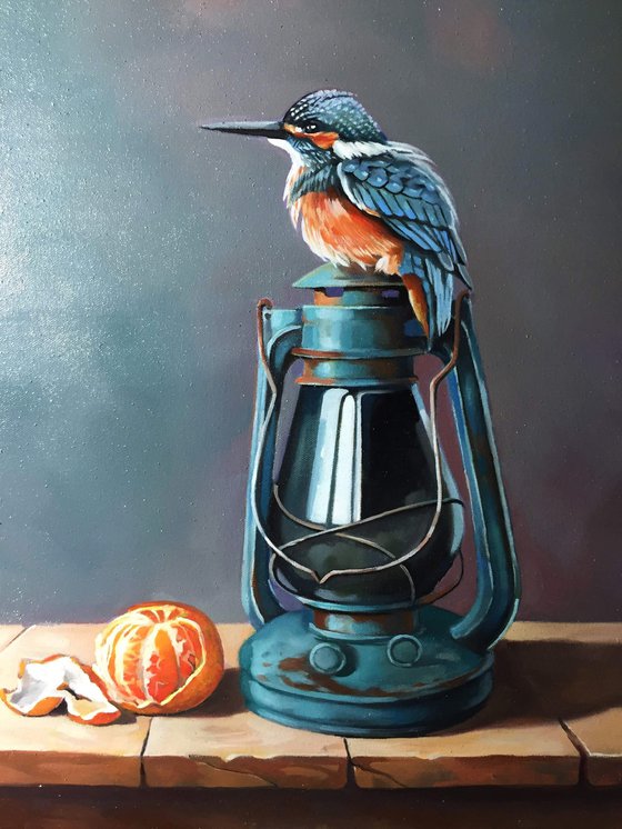 Still life with bird and Mandarin(24x30cm, oil painting, ready to hang)
