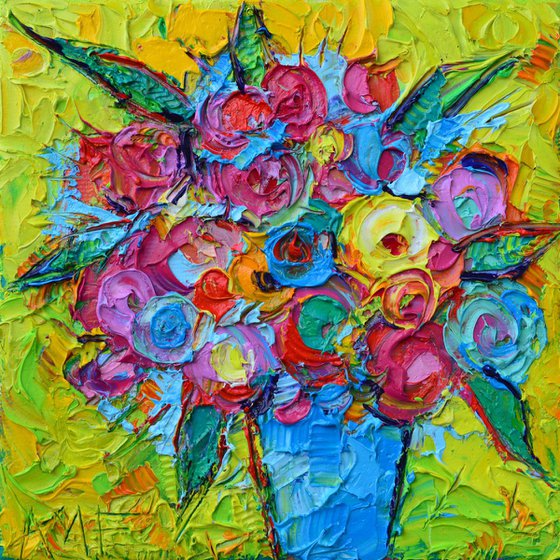 ABSTRACT COLORFUL WILD ROSES IN BLUE POT - modern impressionism textural impasto palette knife original oil painting on canvas contemporary floral art by Ana Maria Edulescu