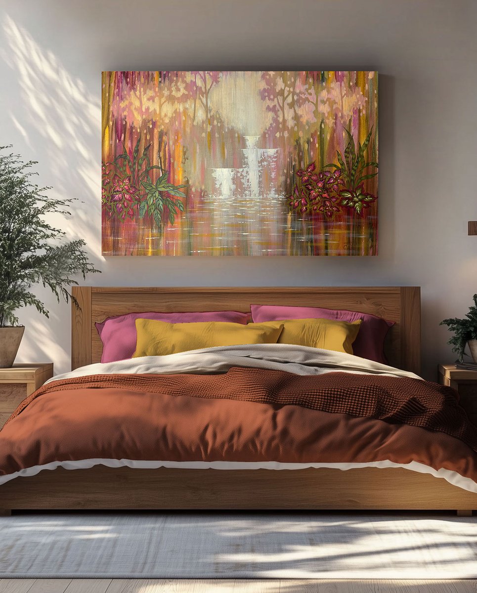 Illustrative Landscape Acrylic Painting By Ekaterina Prisich, 55 X 35, Cascade Of Waterfalls, Original Artwork