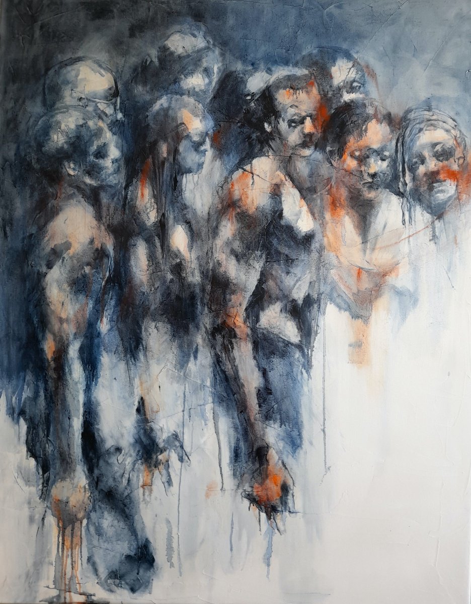 Expressive Portrait Oil Painting By Sylvaine Catoire, 31 X 39", Les Uns Et Les Autres, Original Artwork