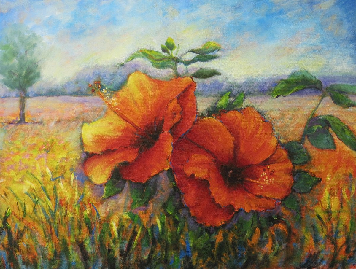Surrealistic Landscape Oil Painting By Maureen Greenwood, 24 X 18", Red Hibiscus In A Landscape, Original Artwork