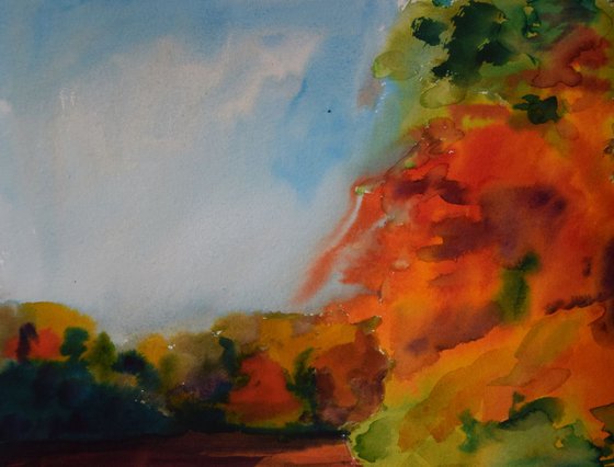 Watercolor painting Sunny autumn day near forest lake