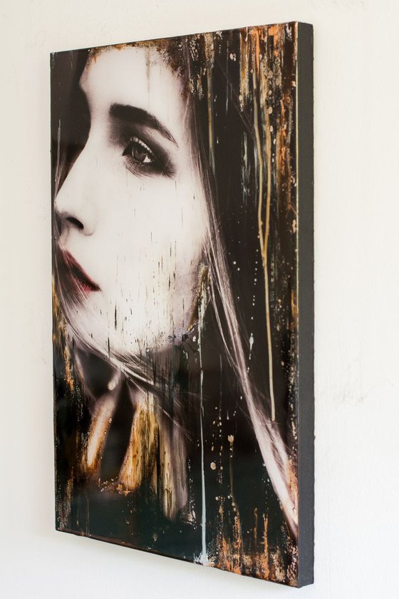 "Thoughts & Dreams" (60x40x3cm) - Unique portrait artwork on wood (abstract, portrait, copper, original, epoxy, painting)
