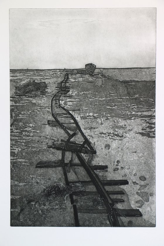 Heike Roesel "Broken Tracks", (charcoal), etching, edition of 7 in variation