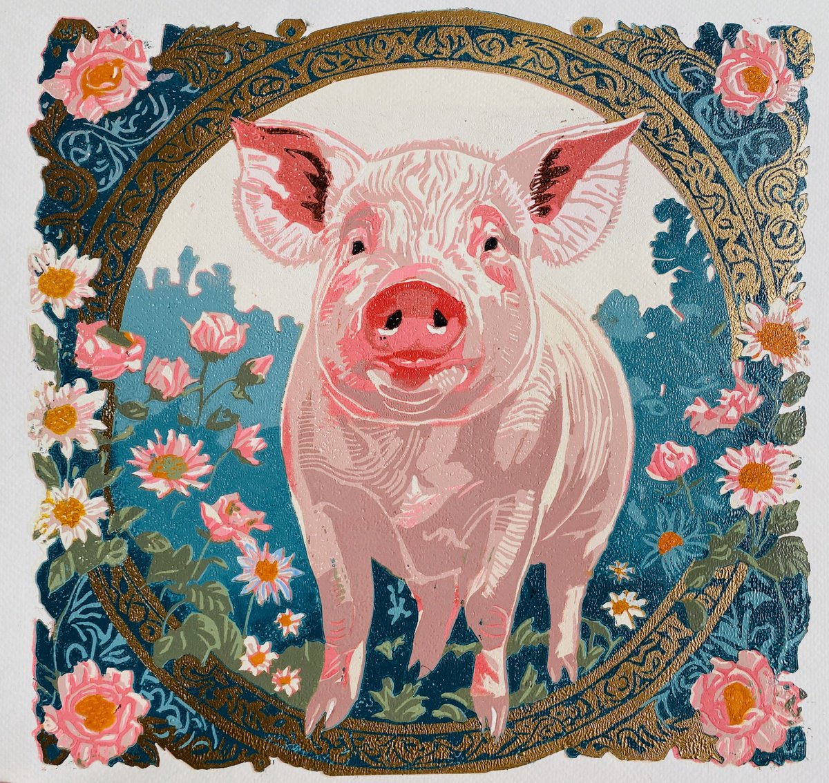 Graphic Animal Linocut By Jennie Smallenbroek, 14 X 14, Pig, Original Artwork