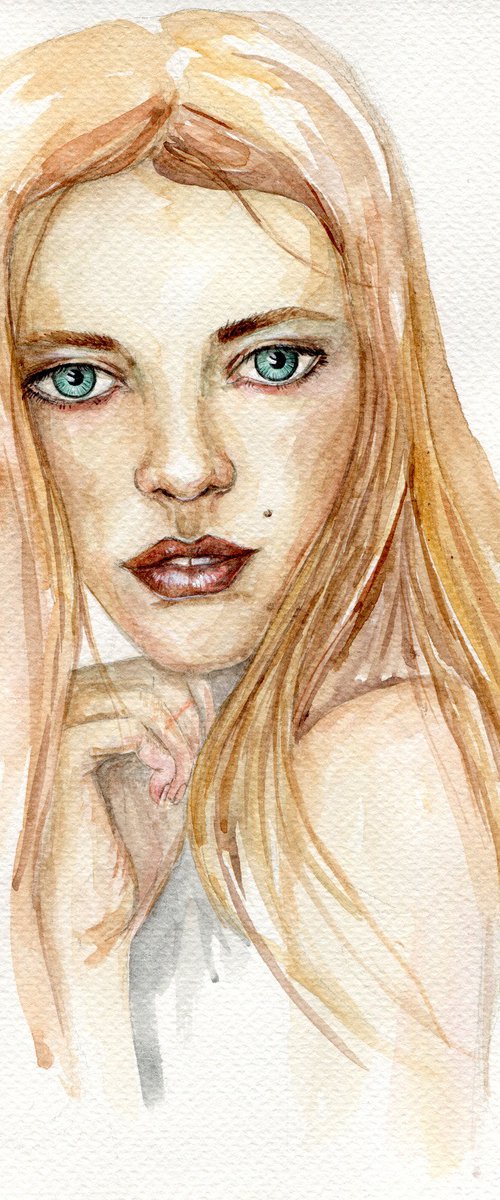 watercolor portrait of blond girl with blue eyes by Liliya Rodnikova