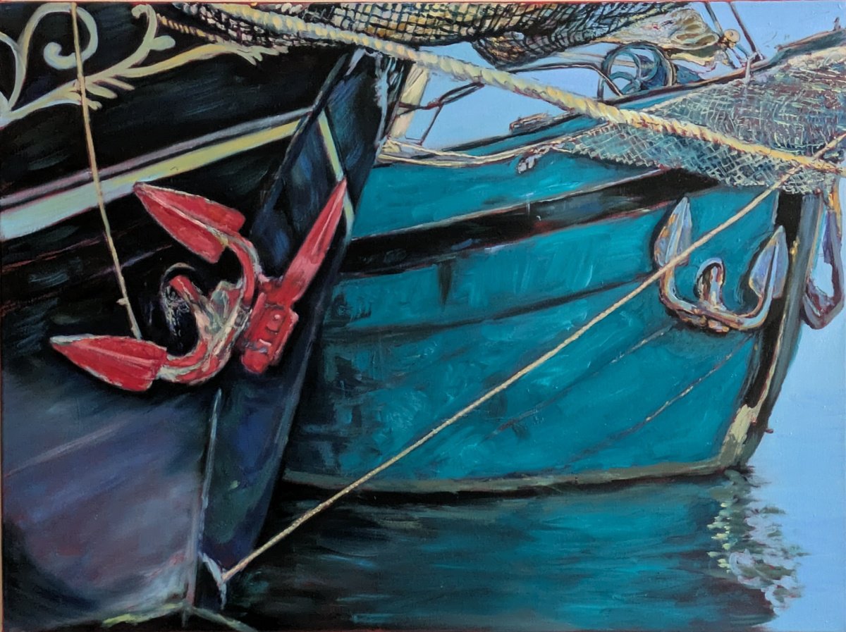 Impressionistic Transport Oil Painting By Anna Brazhnikova, 31 X 24, Red Anchor. Dutch Ships, Original Artwork