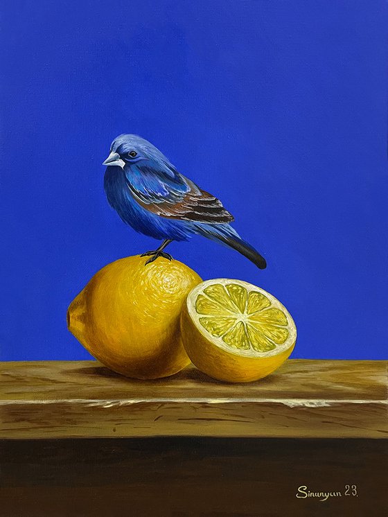 Still life with bird and limon(30x40cm, oil painting, ready to hang)