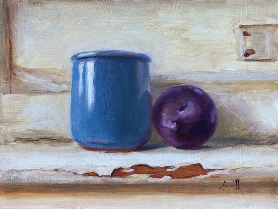 Original Oil Still Life Plum and French Pot in a Window.