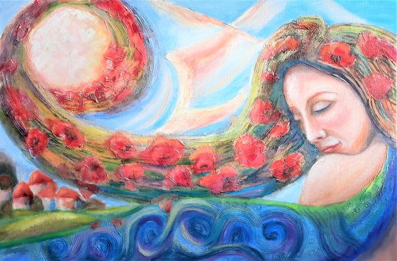 Poppy dreams - a fantasy picture, a girl with flowers in her hair, a bright picture for the interior.