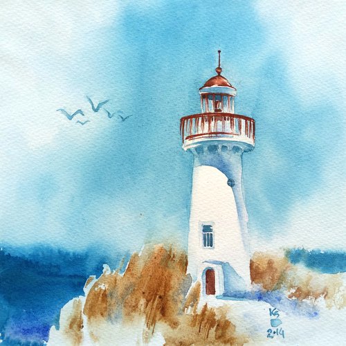 Architectural seascape "Lighthouse" small original watercolor artwork in square format by Ksenia Selianko