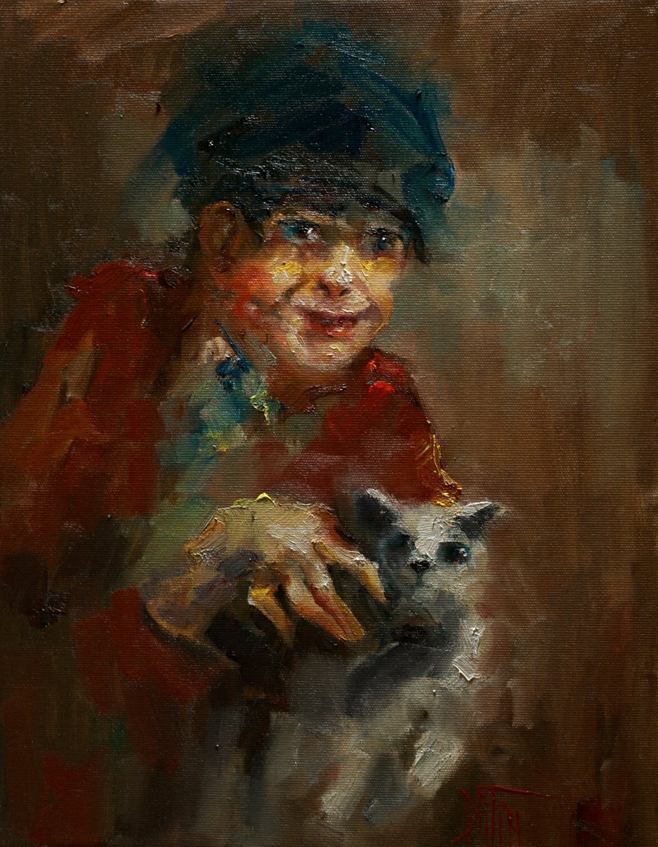 Impressionistic Portrait Oil Painting By Pavel Filin, 14 X 18", Boy With A Cat, Original Artwork