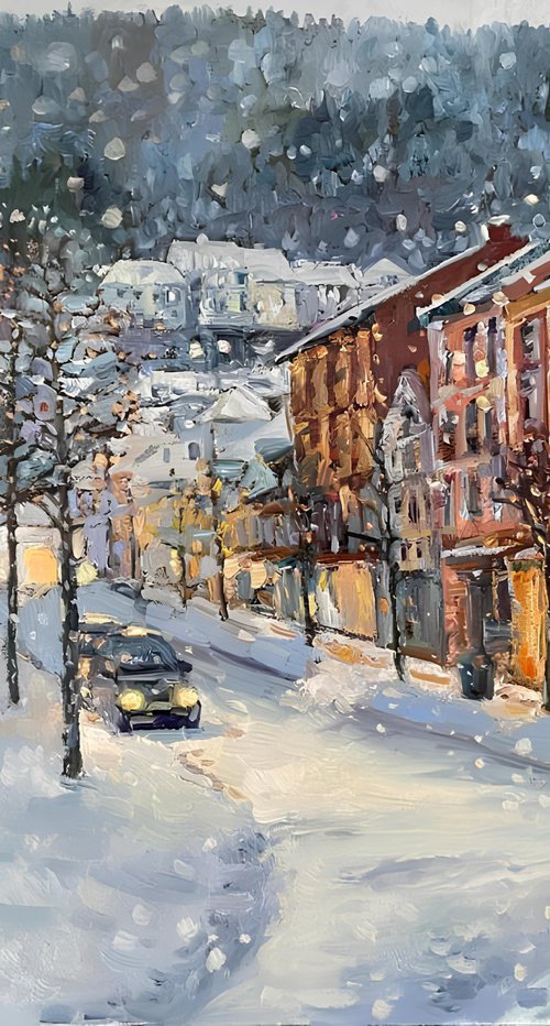 Snowy evening in Bergen by Nadezda Stupina