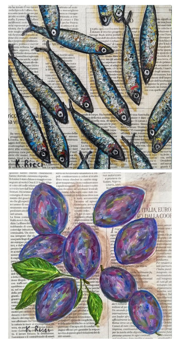 Impressionistic Still Life Oil Painting By Katia Ricci, 8 X 8", Plums And Fishes On Gazette, Original Artwork