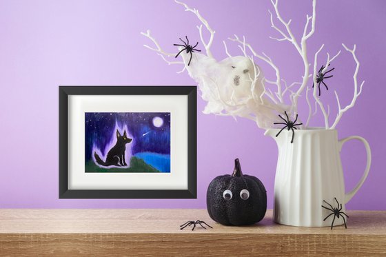 Black Dog Painting, Original Oil Pastel Drawing, Ghost Illustration, Halloween Wall Art