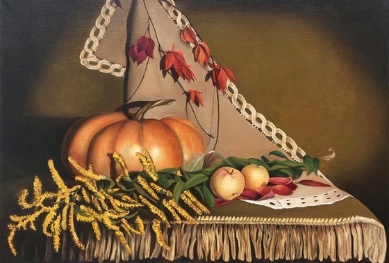 STILL LIFE WITH PUMPKIN, APPLES AND YELLOW FLOWERS - classical oil painting, autumn mood, village style, old masters technique