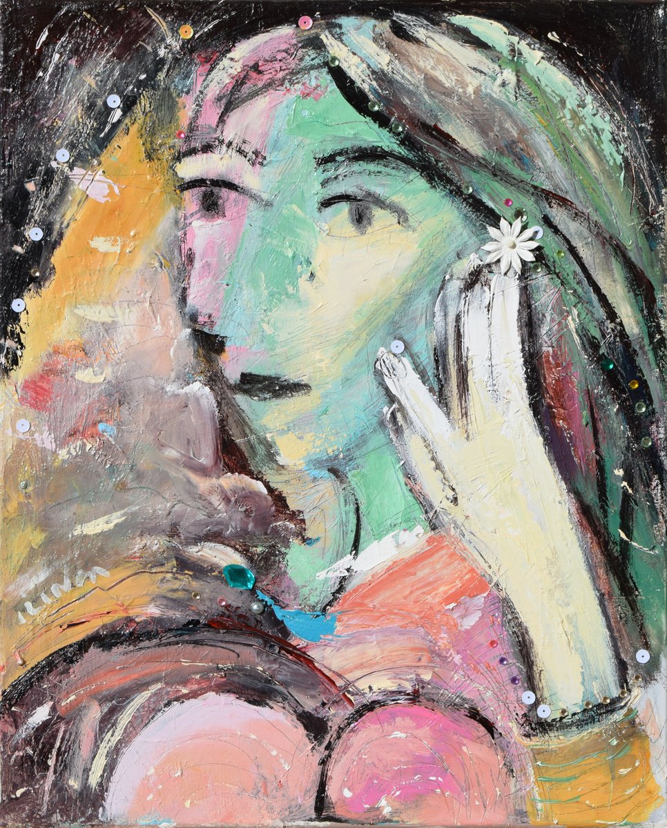 Organic Portrait Acrylic Painting By Catalin Ilinca, 13 X 16, Tete De Femme (Inspired By Picasso), Original Artwork