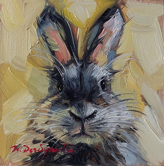 Cute rabbit oil painting original art 10x10 cm, Gray Bunny illustration nursery wall art