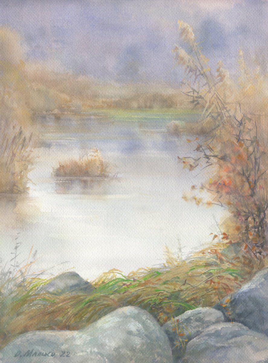 Fog season. The boulders near the river/ ORIGINAL watercolor ~11x15in (28x38cm) by Olha Malko