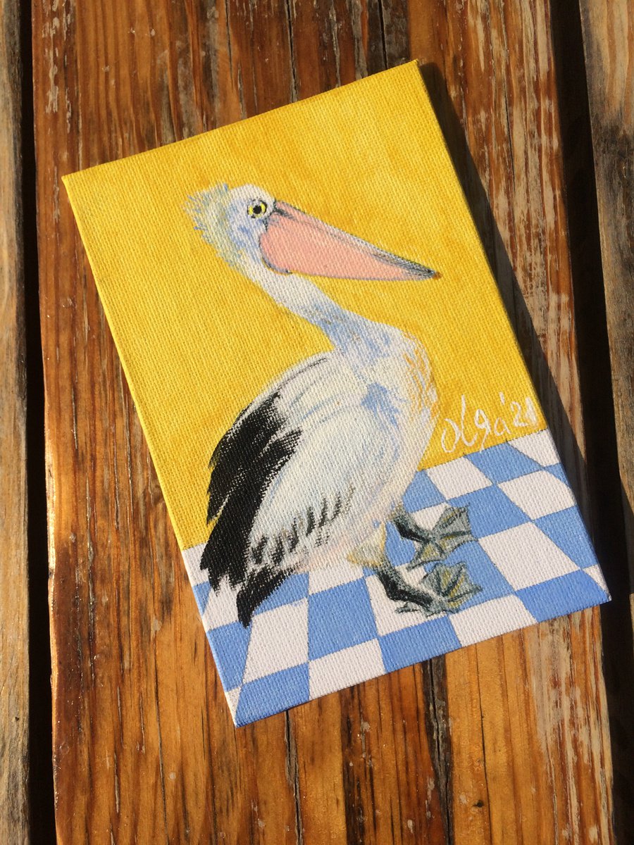 Bird portrait of a pelican on a chessboard - Small canvas art - Gift idea for bird lover by Olga Ivanova