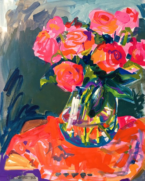 Red Roses in Glass Vase