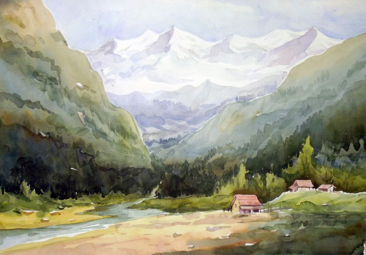 Beauty of Himalaya-Watercolor on Paper by Samiran Sarkar