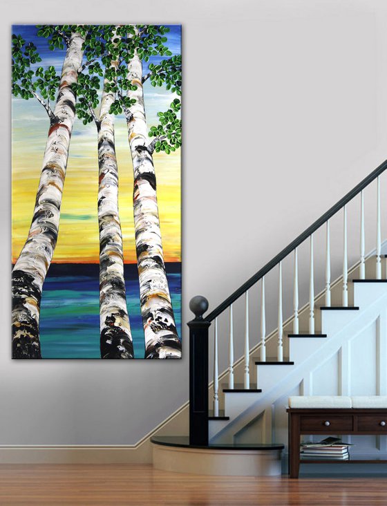 Looking Up - Tall Aspen Tree Painting, Large Impasto Trees Painting