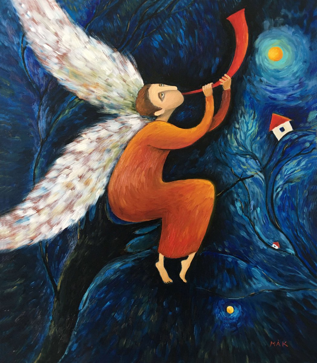 ANGEL - big painting with an angel in the blue sky Christmas gift interior decor living ro... by Irene Makarova