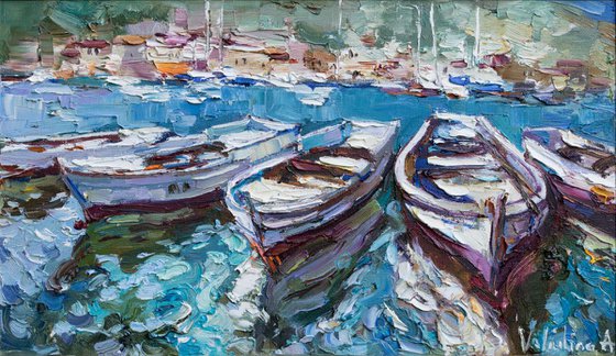 Rowing boats in the bay - Original oil painting