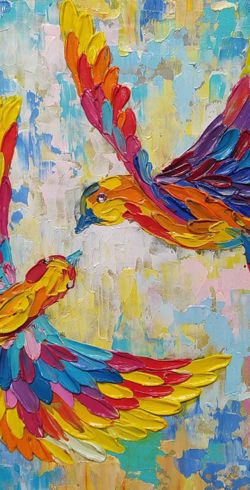 Flight in dreams - birds, hummingbirds oil painting, love oil painting, birds oil painting, hummingbirds, love, animals oil painting, art bird, impressionism, palette knife, gift idea. by Anastasia Kozorez