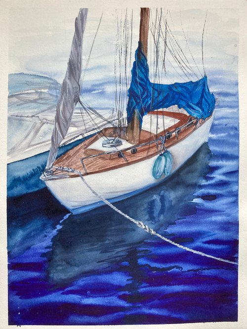 Boat in blue water 3 by Valeria Golovenkina