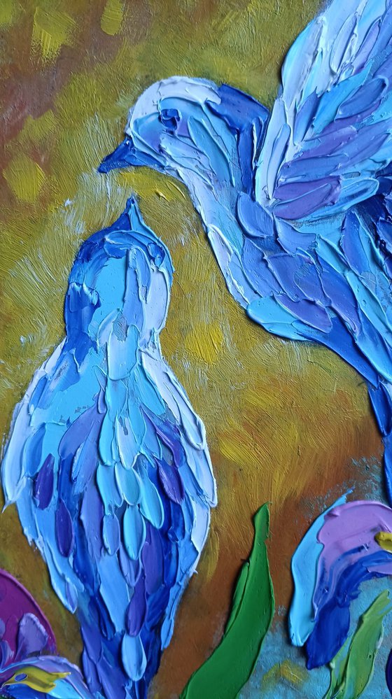 Dance and love - love, birds, bird, love, irises, flowers, oil painting, irises flowers, gift idea