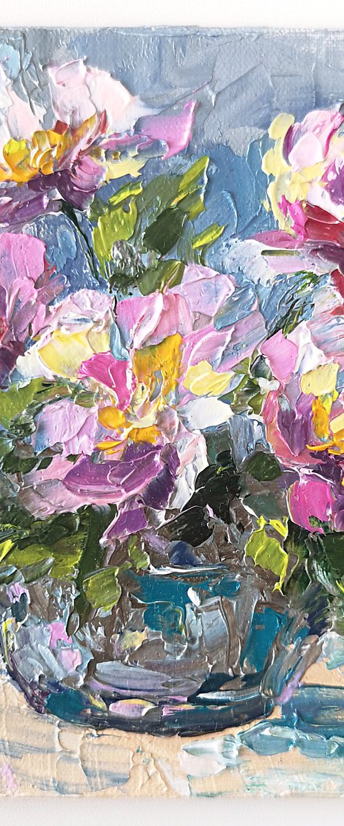 Peony bouquet in vase. Impressionist flowers stilll life. Small floral artwork by Olga Grigo