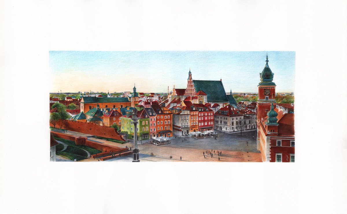Photorealistic Cityscapes Drawing By Daria Maier, 28 X 17, Castle Square In Warsaw, Original Artwork