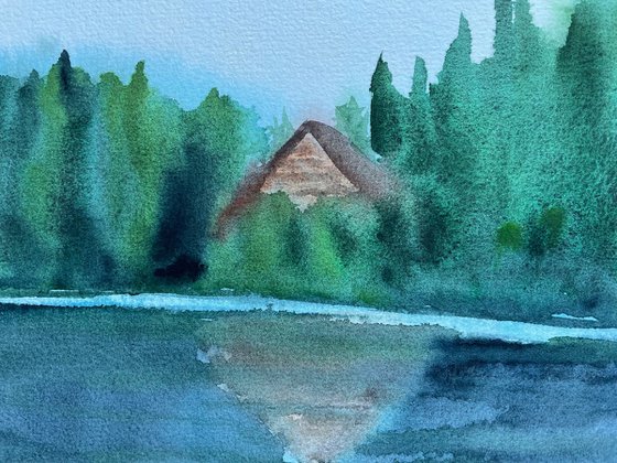 Mountain Watercolor Painting, Foggy Lake Original Artwork, Misty Forest Wall Art, Slovak Landscape Picture