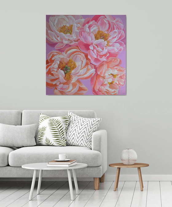 Pink Peonies large bloom 100x100 cm oil painting Peony flower Living room bedroom art