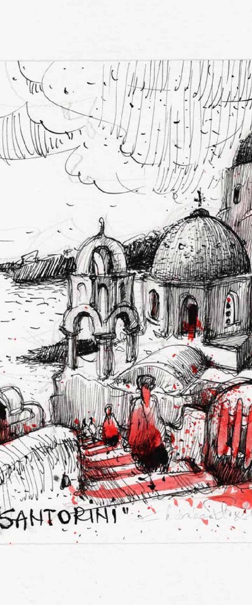 Santorini, ink on paper. by Marin Victor