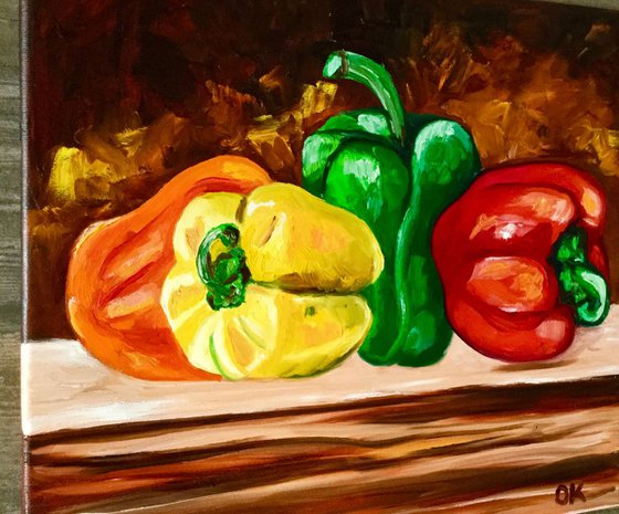 Peppers. Still life, vegetables, oil painting