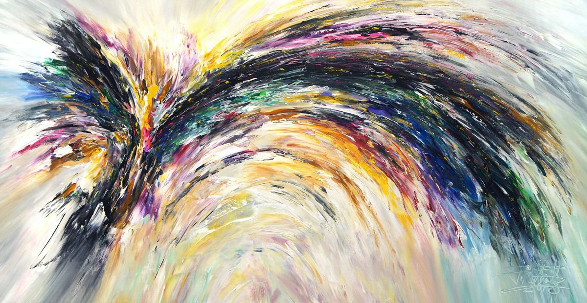 Abstract Acrylic Painting By Peter Nottrott, 61 X 31", Black And White Wings C 1, Original Artwork