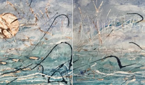 Fish Hook Seascape  (2 paintings) by Cyndy  Cmyth