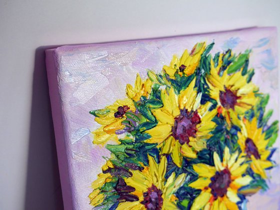 "Sunflowers in a glass" original oil floral painting on canvas, small wall decor, gift idea.