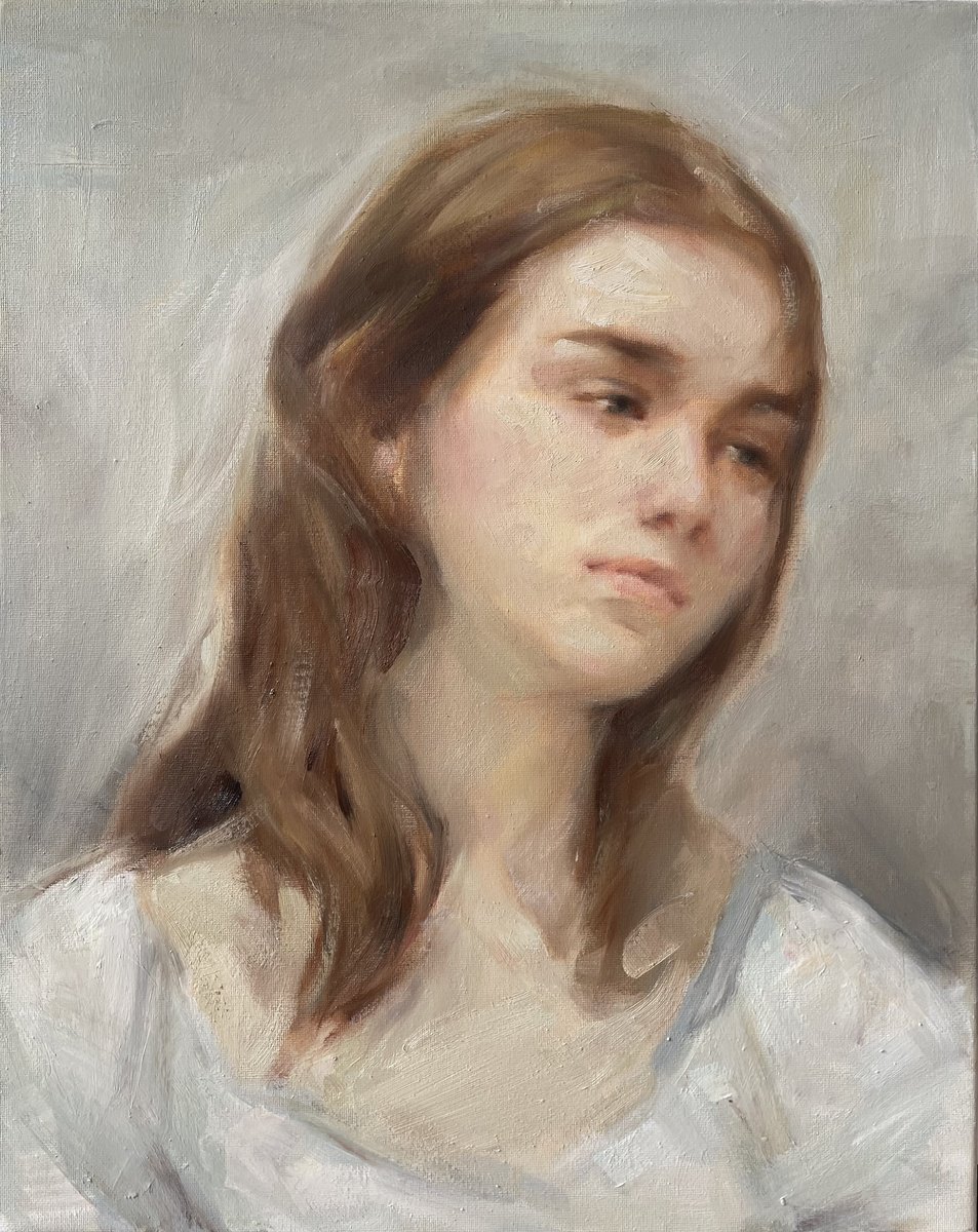 Impressionistic Portrait Oil Painting By Denys Kovalyk, 16 X 20, Quiet Beauty, Original Artwork