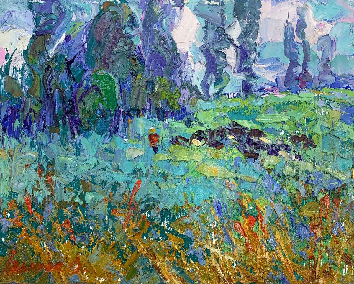 Impressionistic Landscape Oil Painting By Kalenyuk Alex, 10 X 8", Dew Herbs, Original Artwork