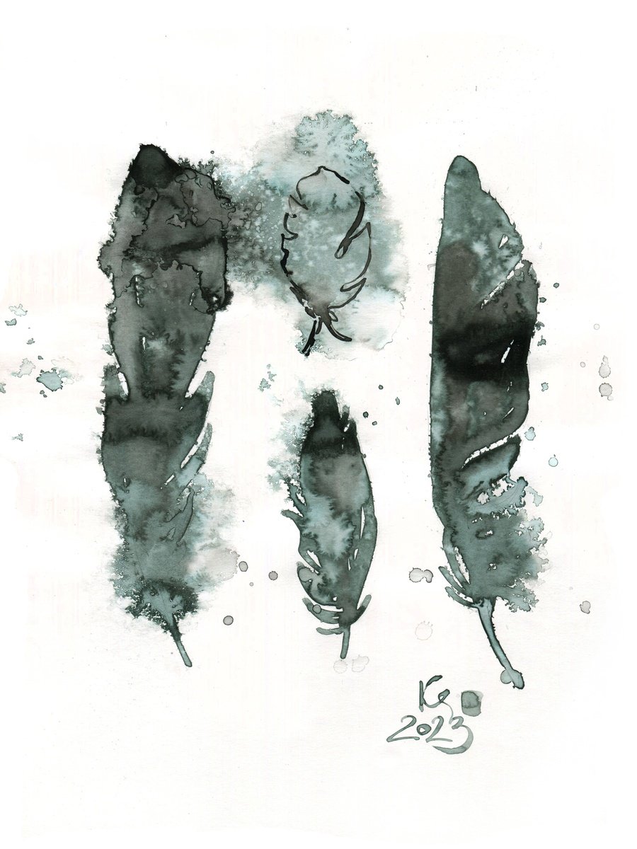 Four bird feathers abstract composition in ink monochrome gray-blue-green tones by Ksenia Selianko