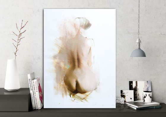 Nude Female Painting - Touching the Feather, 40x55 cm