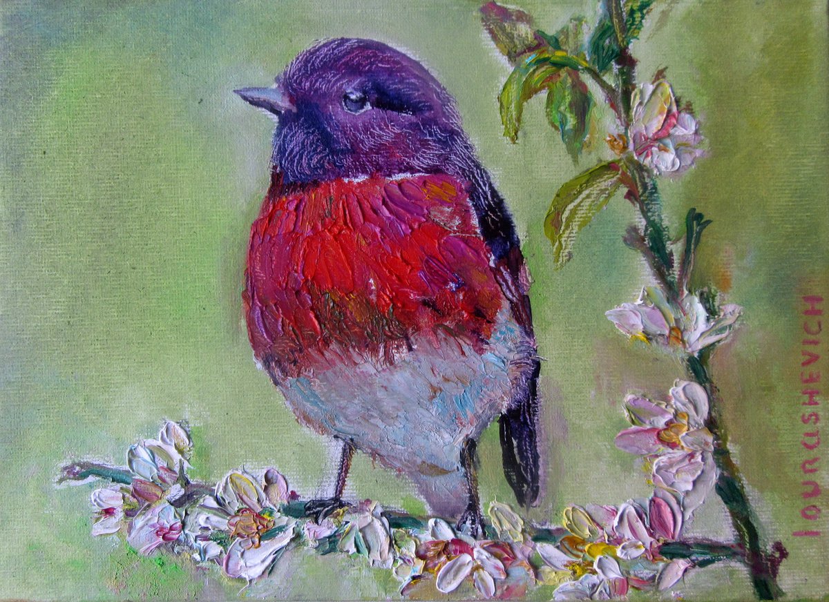 Original Oil Painting 5x7,Eden Bird Mini Art,Colorful Shabby Chic,Burgundy Red,Peaceful A... by Katia Ricci