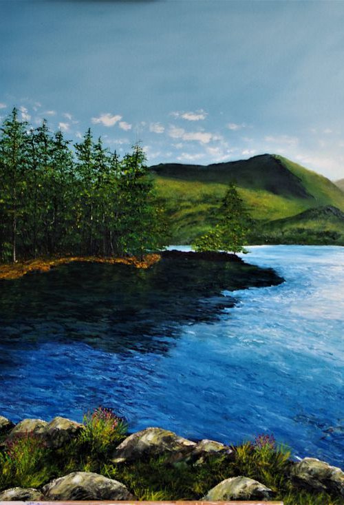 Morning Glow Aross the loch  92cm x 152cm by Hazel Thomson