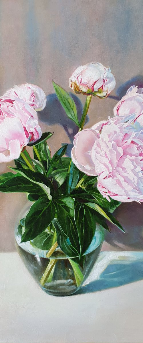 "A bouquet of peonies in a glass vase." still life peony pink summer  white liGHt original painting  GIFT (2020) by Anna Bessonova (Kotelnik)