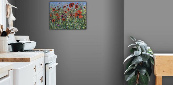 Meadow-Poppies - Modern Abstract Splattered, Textured - Original painting 24" X 18" X 0.5"